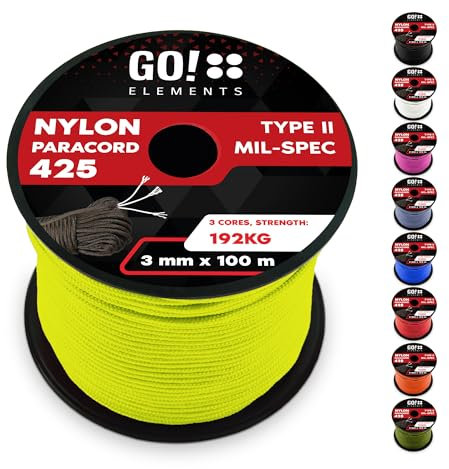 GO!elements 100m Paracord Seil aus reißfestem Nylon - 3mm Paracord 425 Typ II max. 192kg - Schnüre als Outdoor Seil, Allzweckseil, Survival Seil, Armband, Hundeleine, Nylonschnur, Farbe: Neon