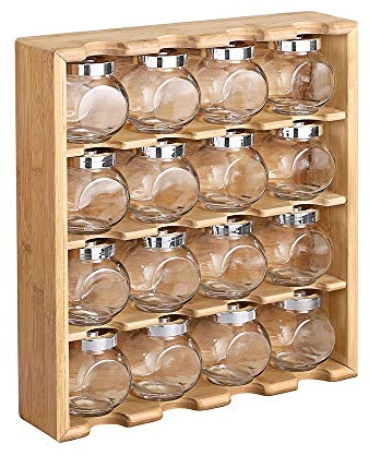 Decopatent Kräuterregal mit 16 Kräutertöpfen aus Glas - Küchenregal/Gewürzregal aus Bambusholz - Küchenorganisierer mit 4 Böden - hängend und stehend verwendbar