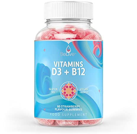 BeLive Vitamin D3 Gummies with B12 Vitamins - 60 Ct I Vegan Immune Support Gummies with Vitamin B12 & D3, Provides Enhanced Bone & Muscle Strength, Hearth Health and Energy - Strawberry Flavour