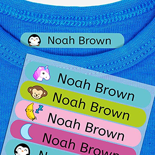 50 Etiquetas termoadhesivas personalizadas para marcar la ropa de los niños. Pegatinas para planchar, resistentes a lavadora y secadora. Tamaño 6 x 1 cm. (Paleta 9)