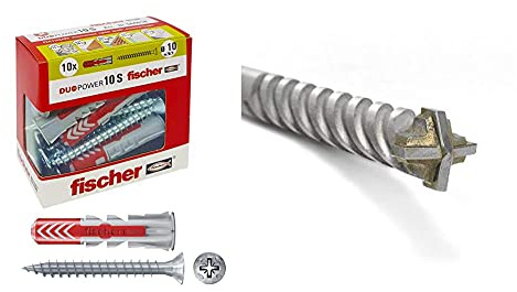 Fischer 10 Tasselli Duopower con Vite 10 x 50 mm + Punta Trapano Ø 10 mm D-SDX a Quattro Taglienti e Attacco Cilindrico