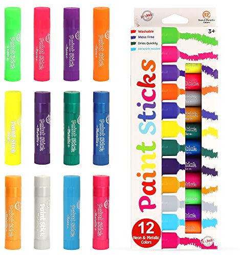 Playkidiz Paint Sticks, Twistable Crayon Paint Sticks, Mess-Free Tempera & Poster Paint, Drying, Great Birthday Gift, Ages 3+ (12 Pack Neon & Metallic)