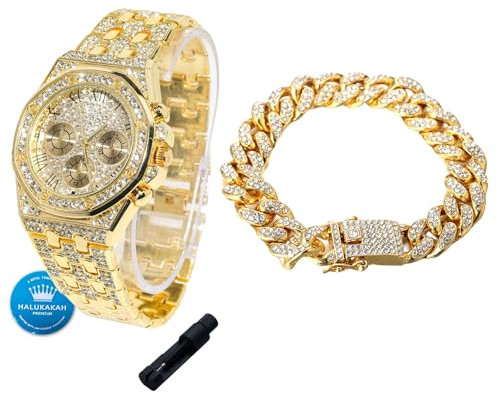 Halukakah Diamanten Gold Uhr für Jungen,Teenager - 18K Echtgold Platiniert,40mm Achteckiges Zifferblatt mit Römischen Zahlen,Japanisches Quarzwerk -20cm Länge,mit 18cm Cuban-Kette & Anpassungswerkzeug
