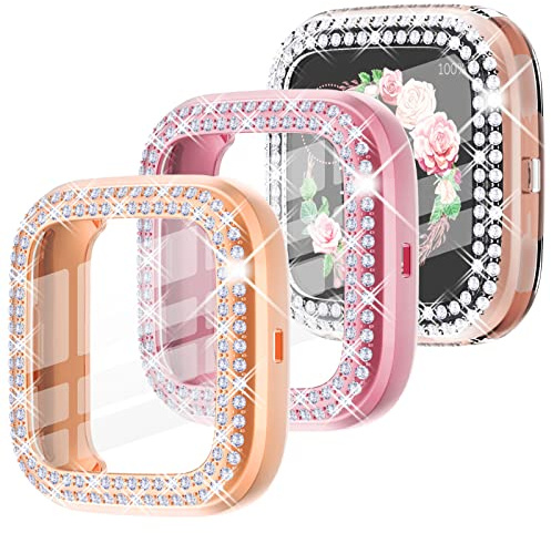 Wingle Paquete de 3 fundas protectoras de pantalla para reloj Fitbit Versa 2, fundas brillantes para Fitbit Versa 2, fundas de cristal con diamantes de imitación en general, rosa, transparente)