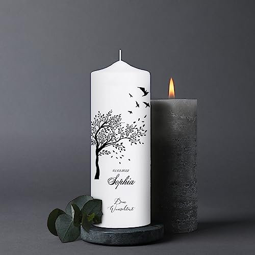 Wandtattoo Loft Trauerkerze personalisiert mit Namen und Datum, Motiv mit Lebensbaum und Vögeln, 18cm x 7cm, personalisierte Trauerkerze, Kondolenzkerze, Beileidskerze, Trauerlicht, Grabkerze