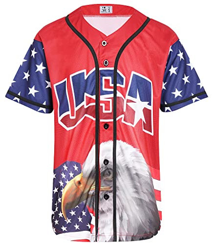 Pullonsy Erwachsene Amerikanische Flagge Patriotische Baseball Trikots Stil Shirts für Männer USA Adler Outfits, Rotes Trikot, XX-Large