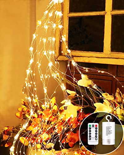 Joysing Lichterschweif 1M 100 LED Lichterschweif mit Batterie und Timer, Fernbedienung, 8 Modi Lichterkette Wasserfall Wasserdichte lichterbündel Weihnachtsbeleuchtung für Innen Außen - Warmweiß