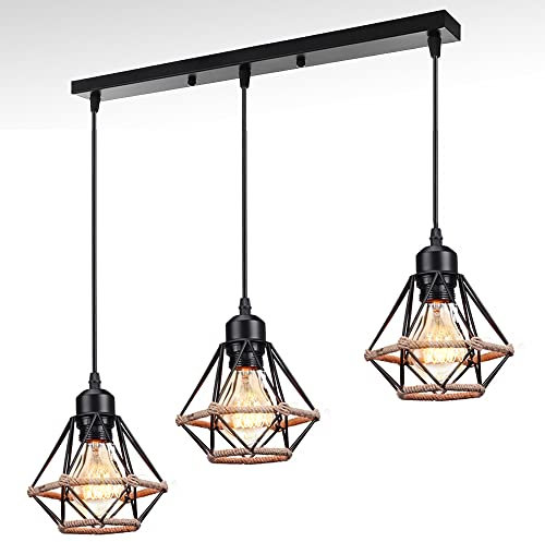 STOEX 3 lumières suspension industriel design cage, lampe suspendue en métal corde de chanvre, éclairage intérieur pour salons chambre cuisine, noir