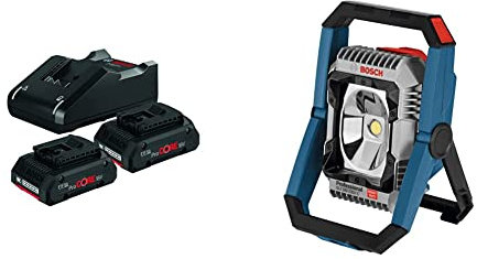 Bosch Professional 18V System Akku Set (2x4.0Ah Akkus + Ladegerät GAL 18V-40, im Karton) & 18V System Akku LED-Baustellenlampe GLI 18V-2200 C (max. Helligkeit 2200 Lumen)