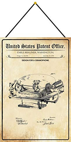 DekoDrom® Blechschild 20 x 30 cm US Patent Grammophon Schallplatten Musik historisches Motiv II mit Kordel zum Aufhängen Wand Deko Sammler Geschenk