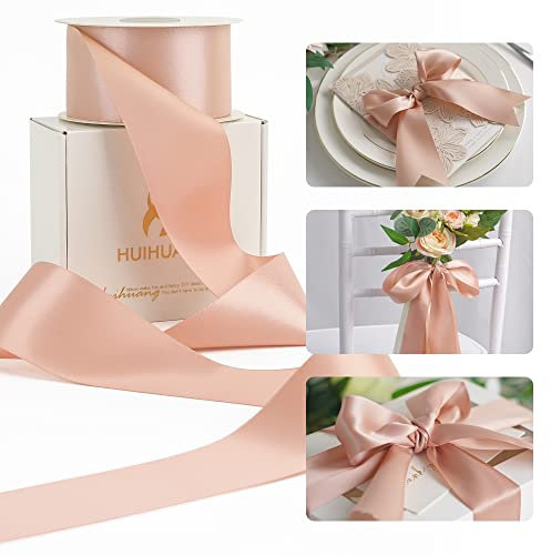 HUIHUANG Rose Gold Pink Ribbon for Wedding, 2 Double Face Misty Rose Satin Ribbon for Flower Bouquet, Dress Chair Sashes, Invitations Card, Gift Wrapping, Bows, Crafts, Holiday Decor -25 Yards/Roll