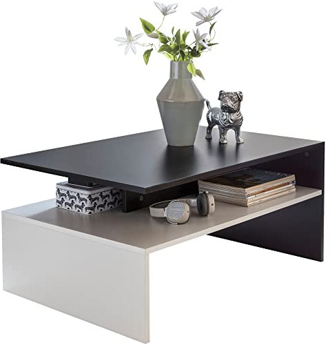 Wohnzimmertisch 90 x 43 x 60 cm mit Ablage Holz Schwarz/Weiß | Design Wohnzimmer Couchtisch zweiteilig mit Stauraum | Sofatisch eckig Kaffeetisch modern | Loungetisch groß & hoch