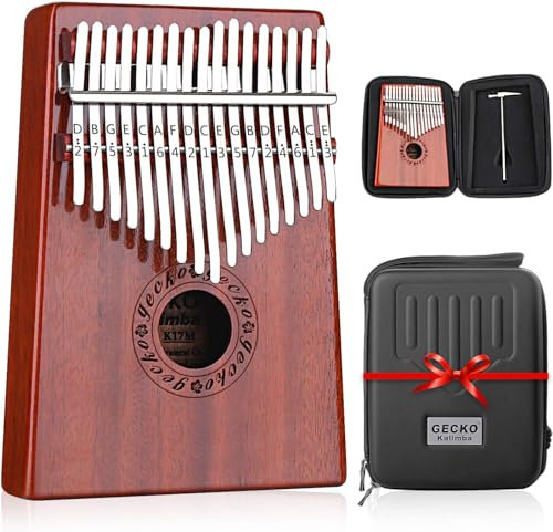 GECKO Kalimba Daumenklavier mit 17 Tasten und Hartschalenkoffer Lernanleitung Songbuch Stimmhammer für Anfänger C-Ton gestimmt (Curly Maple)
