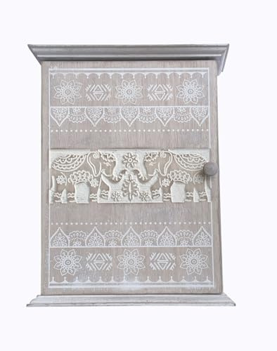 GreyZouq Wooden Key Cabinet Wall Mounted, Elephant Carving Design, Key Holder for Wall with 6 Hooks, Decorative Key Organiser, Magnetic Door Closure, Key Cupboard, Natural Elephant