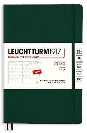 LEUCHTTURM1917 367573 Monatsplaner mit Notizbuch, Softcover, Paperback (B6+) 2024, 16 Monate, Forest Green, English