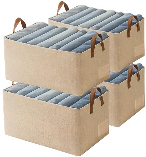 AARAINBOW Lot de 4 paniers de rangement de placard empilables en tissu avec cadre en acier, organiseur de vêtements ouvert avec poignée et étiquette, 23 L, beige