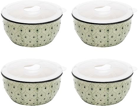 Tranquillo 4er Set Schüssel Art Deco handgestempelt aus Steinzeug, Silikondeckel, stilvolle und praktische Aufbewahrung für Lebensmittel grün, 13 cm