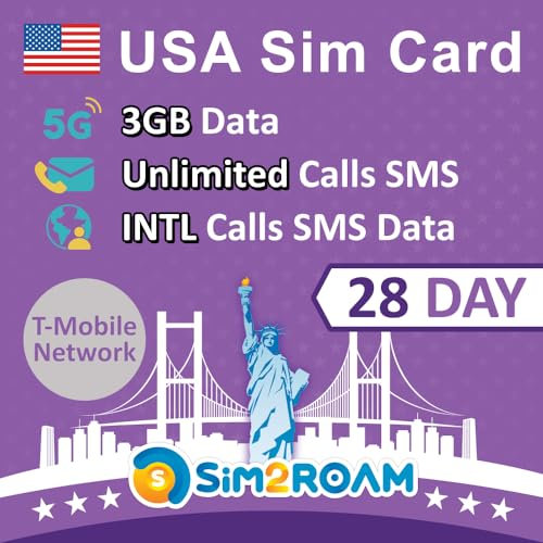 SIM2ROAM USA Ultra SIM Card 28Days | 3GB of 5G/4G High-speed Data Unlimited Domestic US Call & Text + from to 90+ INTL Destinations International credit Roaming Refillable (3GB Data)