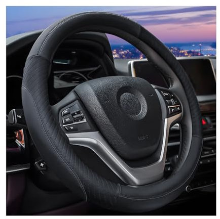JNNJ Lenkradbezug Auto, Atmungsaktive Universal-Lenkradabdeckung, Sport Anti Rutsch Universal 38cm Lenkradbezug, Lenkrad Abdeckung Echtes Leder Anti Slip(Schwarz)