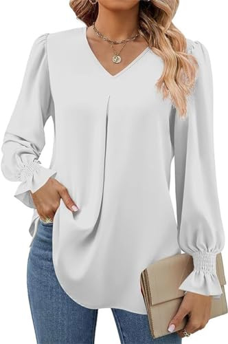 Tomwell Blouse Femme Automne Chemisier en Mousseline de Soie Élégant Haut à Manches Longues Col V Tunique Fluide T-Shirt Couleur Unie Blouse Plissé Casual Femme Chic A Blanc XXL