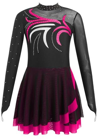 Aislor Tanzkleid Mädchen Pailletten Eiskunstlauf Kleid Kinder Langarm Ballettkleid Tanztrikot mit Rock Kleider Gymnastikanzug Wettbewerb Tanz Kostüme Y Lichtrosa 122-128