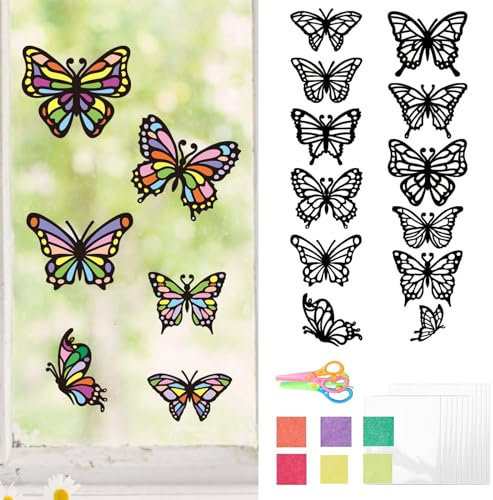 TGFIX 12 Stück Schmetterling Bastelset Kinder Frühling Fensterbilder Basteln Kreatives Schmetterlinge Papierbastelset DIY Frühling Fensterdeko für Mädchen Jungen Frühling Party Geschenk