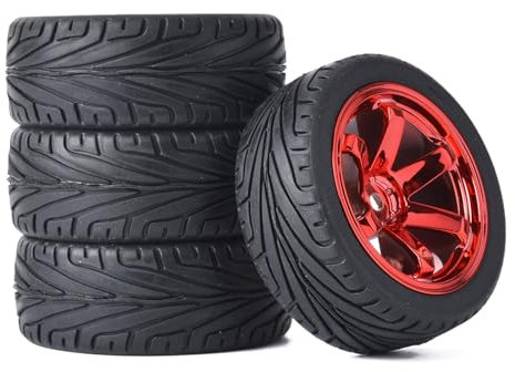 RC Auto Reifen und Räder Set,KINGCOO 4Stück 65mm Gummireifen und Kunststoff Räder 6 Speichen Felgen 12mm Hex für 1/10 RC On-Road Touring Racing Auto für HSP HPI Kyosho Tamiya (Rot)