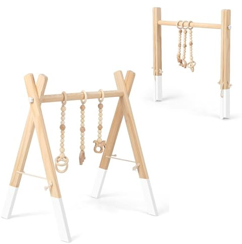 LIFEZEAL Spieltrapez Holz, Babyspielgerät Mit 3 Spielzeugen, Holzspielzeug, Turnhalle Klappbar für Babys Ab 3 Monate, Kinderzimmer (Weiß)