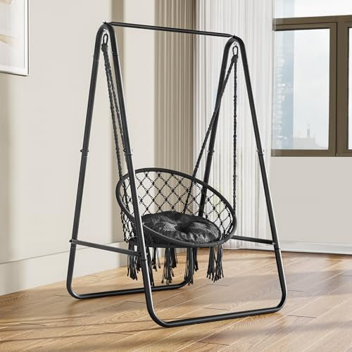 YITAHOME Chaise Suspendue avec Support, 85 x 92 x 153 cm, Balancelle avec Coussin, Support de Hamac en Acier Robuste avec Capacité de 100 kg pour Salon, Chambre, Cour, Jardin, Gris