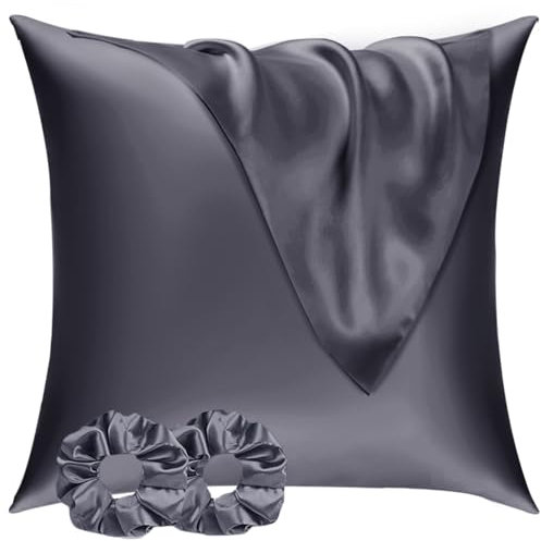 Satin Kissenbezug 80x80 2er Set & 2 Haargummis,Satin Kopfkissenbezug 80x80 Blau Violett,Weich wie Seidenkissenbezug 80x80,Bessere Pflege als Silk Pillosecase,Kissenhülle Kissenbezug für Haar und Haut