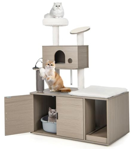 GYMAX Kratzbaum mit Katzenschrank, mehrstufiger Katzenaktivitätsbaum mit Höhle, Sisalkratzmatten & Abnehmbarer Kissen, Katzenbaum, Katzenmöbel für Wohnzimmer (95 x 55,5 x 132 cm)