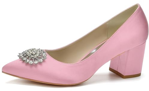 Donne Punta Appuntita Calze Tacchi Spessi Pumps da Sposa Cristallo Enfiler Scarpe da Sposa,Rosa,41 EU