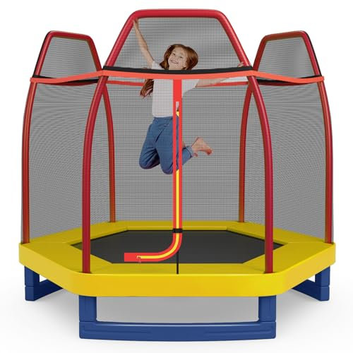 COSTWAY 7ft Kids Trampoline, Heavy Duty Hexagonal Trampolines with Safety Enclosure Net, Seamless Spring Pad and Zipper, Indoor Outdoor Jumping Trampolines for Toddles (Yellow+Orange)