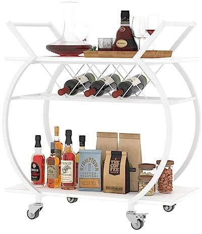 Mudmasa Servierwagen mit Rollen, Barwagen mit 2 Ebenen, Küchenwagen mit Weinregal, Getränkewagen, Weinwagen für Küche, Esszimmer, Bar, Wohnzimmer, Holz, Metall, Weiß, 76 x 40.5 x 84 cm