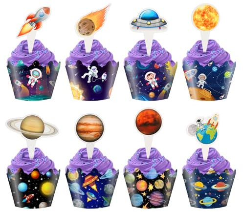 48 Stück Weltraum Cupcake Deko, Space Astronaut Cupcake Toppers, Geburtstag Planeten Kuchendekoration, Weltraum Astronauten Thema Party Tortendeko, Geburtstagskuchen Planet Topper für Kindergeburtstag