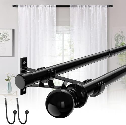 82-243cm Black Double Curtain Poles,25mm Heavy Duty Bay Window Curtain Poles with Brackets,Adjustable Metal Decorative Curtain Pole for Windows,Kitchen,Outdoor,Patio,Bedroom,Sliding Glass Door