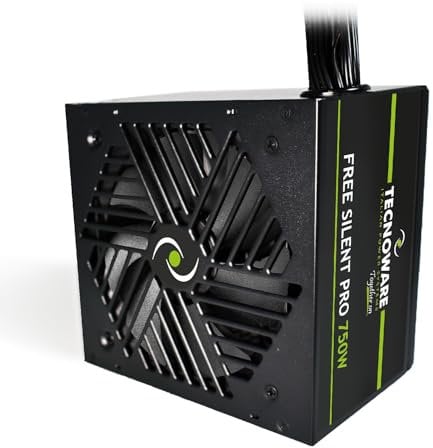 Tecnoware Fuente de Alimentación Free Silent Pro ATX 750W para PCs Avanzados con Tarjeta Gráfica NVIDIA GeForce GTX - RTX, Ventilador Silencioso, Conectores PCI-E, CPU 4 + 4, SATA, Molex