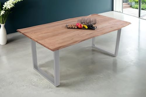 SAM Baumkantentisch 300 x 100 cm Dana, massiver Esstisch Eiche, Esszimmertisch mit U-Gestell aus Metall Silber, echte Baumkante, pflegeleichter Holztisch
