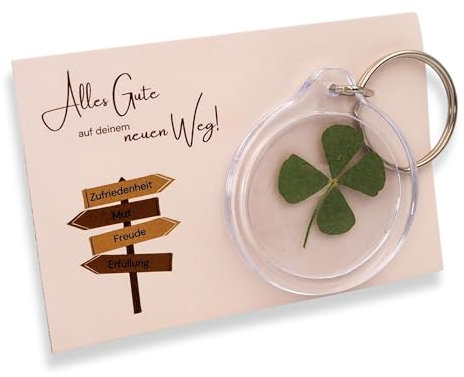 Milaboo® Abschiedsgeschenk Kollegen mit echten Kleeblatt-Schlüsselanhänger – Glücksbringer für Neue Wege – Handgefertigte Karte (85x55 mm) – Geschenke für Kollegen (Kleeblatt Glücksbringer)