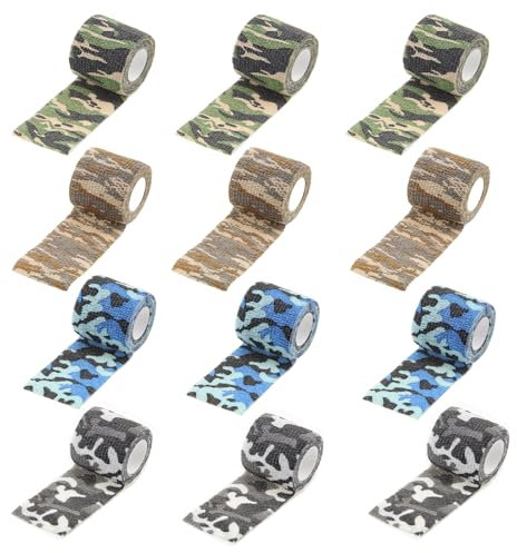Camo Tape,dancepandas 12 Rolls Outdoor Camouflage Tape,Self-Adhesive Non-Woven Fabric Tape Camouflage Bandage,Camo Stretch Bandage for Outdoor Camping,Photographers,Hunters,Camera Protection