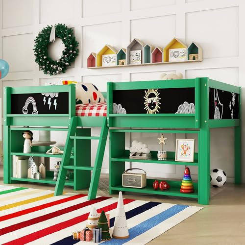 Etagenbett für Kinder, 90 x 200 cm, Hochbett, mittelhohes Bett, 90 x 200 cm, mehrere Ablagen zur Aufbewahrung, Geländer, Leiter, Kiefernholz, ohne Matratze, minimalistischer Stil, grün