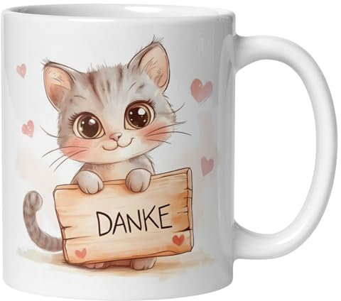 Danke Dankeschön Tasse mit Spruch | Katze mit Danke Schild & Herzen | Danke für Alles Geschenk | Lieblingsmensch - Herzensmensch | Dankesspruch Danksagung | Einfach Mal Danke Sagen