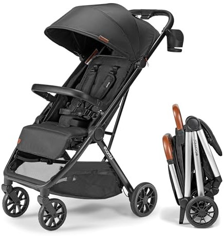Bombi Bebee V2 leichter Kinderwagen – erstklassiges veganes Leder, einhändig faltbar, unendliche Neigung, Rahmen aus Flugzeugaluminium, XXL-Baldachin und reichlich Stauraum – Onyx
