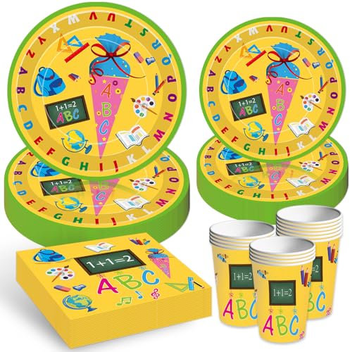 YRsorn Einschulung Deko Partygeschirr - Schulanfang Deko Pappteller Pappbecher Servietten für 10 Gäste Einschulung Schuleinführung Party Deko