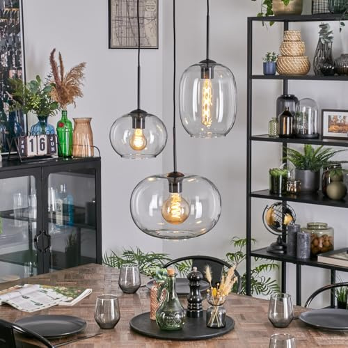 HOFSTEIN Hängeleuchte Apedo, 3-flammige Hängelampe aus Metall/Glas in Schwarz/Klar, moderne Pendelleuchte im Retro/Vintage-Design, Schirme Ø 20; 30 cm, E27, Esszimmer, Küche, Wohnzimmer