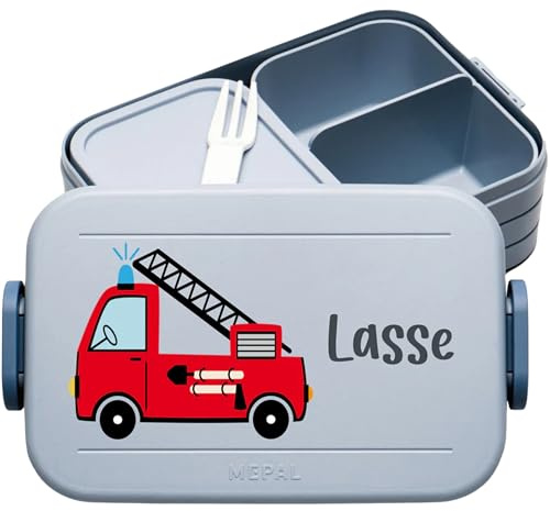 4youDesign | Personalisierte Kinder Brotdose Midi Blau mit Namen - Lunchbox Feuerwehr Motiv für Kindergarten & Schule - Brotzeitdose Mädchen Junge