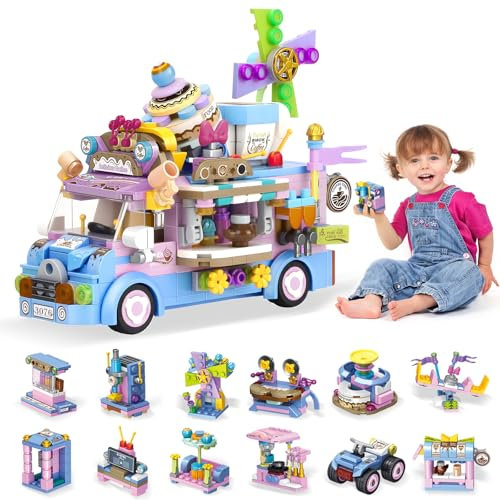 Charmofun 24 in 1 Ragazze Camper Van Kit di Costruzione, City Camper Van delle d’Avventura, Camper Giocattolo 25 Varianti, Set di Blocchi da Costruzione Regali per Bambine 6+ Anni (528 PCS)(Gelato)