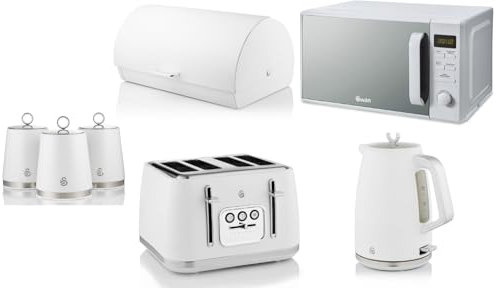 Swan Serenity White 1.7L 3KW Kettle, 4 Slice Toaster, Bread Bin, Canisters and 20L 800W Digital Microwave SM4421WHT. Contemporary Design Matching Swan Kitchen Set of 7 in Matt White Finish