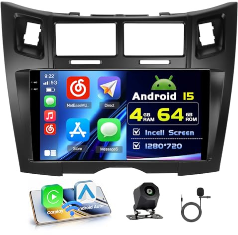 Hikity 4+64G 9 Radio Android para Toyota Yaris/Vizi 2005-2011 | Incell Pantalla Táctil Wireless Carplay Autoradio 2 DIN GPS Navi Bluetooth 5.0 WiFi FM/RDS Cámara Trasera EQ 4+64G