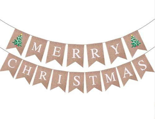 Leinen Girlande Merry Christmas mit Weihnachtsbaum-Motiv - Weihnachtsdeko Wimpelkette zum Aufhängen für Festtagsparty, Wohnzimmer Dekoration